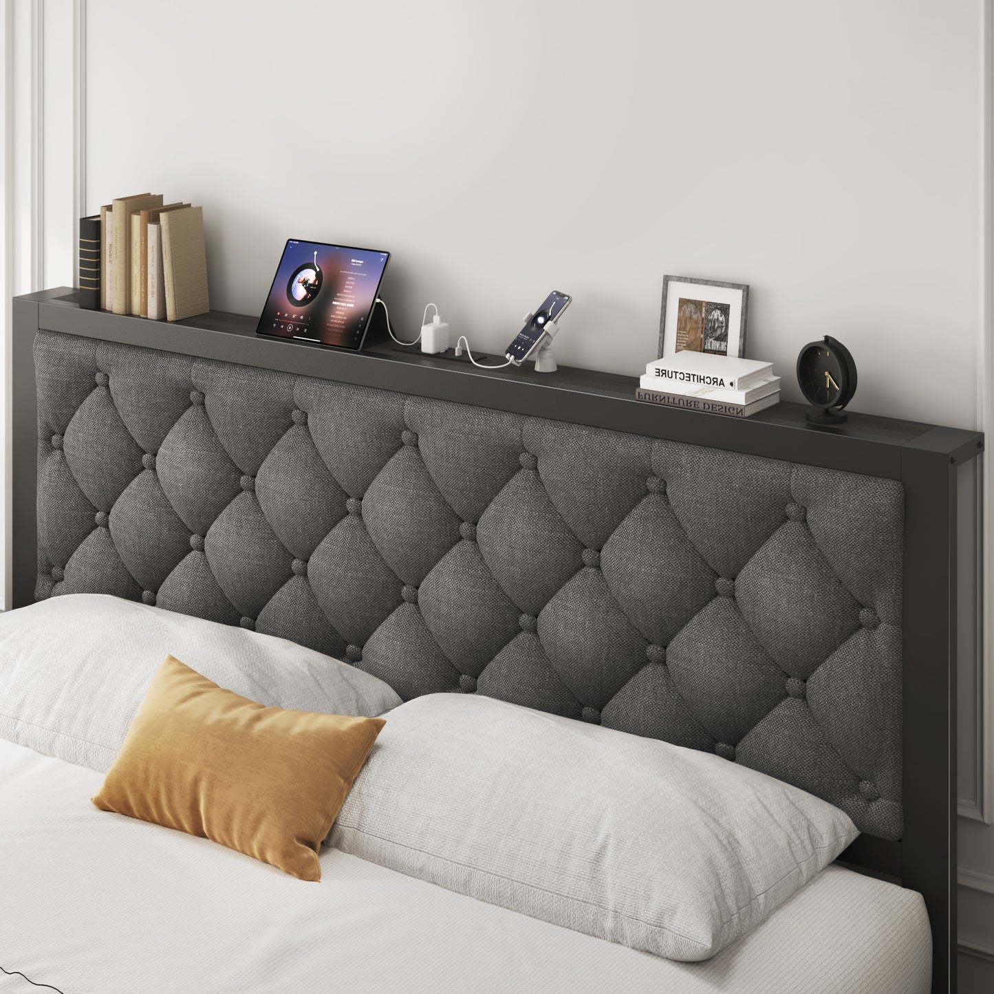 Fluest Bed Frame with Linen Upholstered Headboard, Lockable Storage, Queen Size, Gray