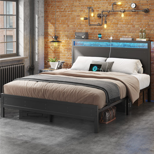 Fluest Iron Bed Frame, USB Port, LED Headboard, Noise-Free,Queen, Black