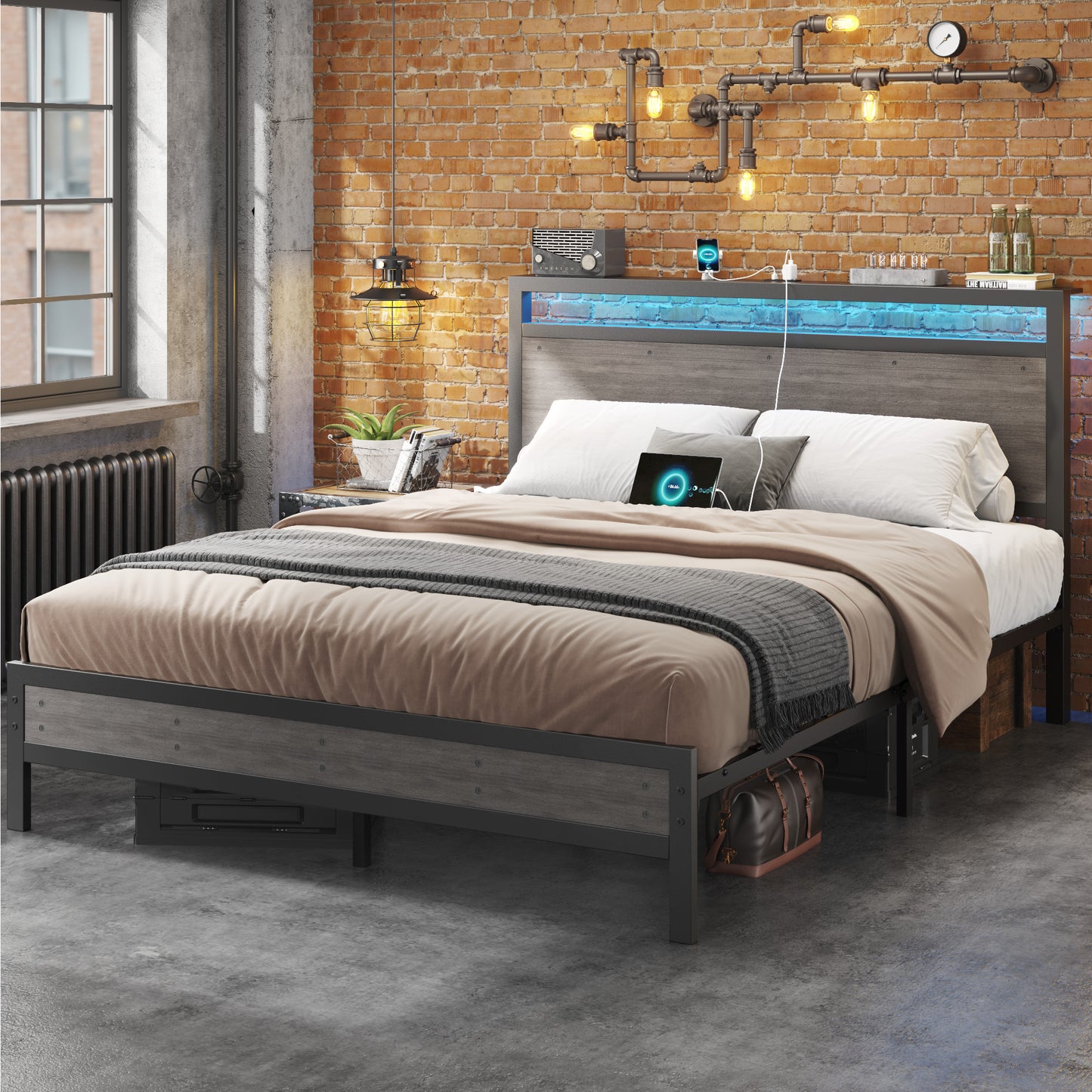 Fluest Iron Wood Bed Frame, USB Port, LED Headboard, Noise-Free,Queen, Grey