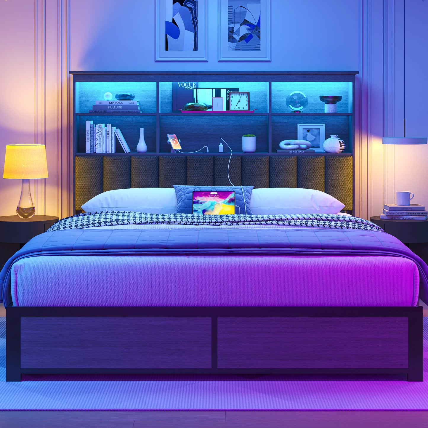 Fluest Queen/Full Bed Frame with Headboard, Metal Platform Queen Bed Frame with High Bookcase Headboard, 4 Storage Drawers & Charging Station & LED, Noise-Free, NO Box Spring Needed,Rustic Grey/Vintage Brown