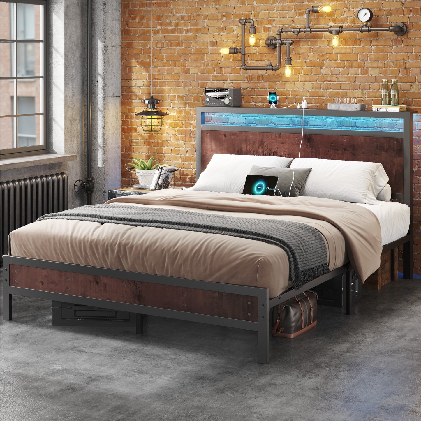 Fluest Iron Wood Bed Frame, USB Port, LED Headboard, Noise-Free,Queen, Rustic Brown