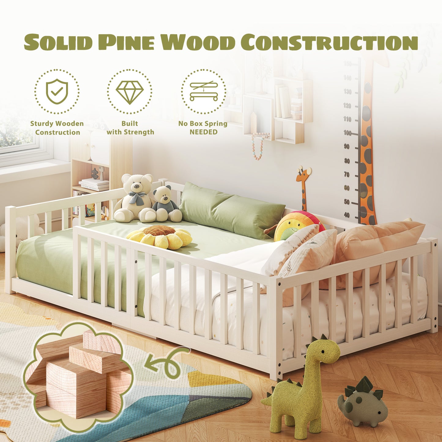 Fluest Toddler Floor Bed with Wood Slats, Twin Size Montessori Bed Frame for Girls and Boys, Toddler Bed with high Safety Guardrails, No Box Spring Needed