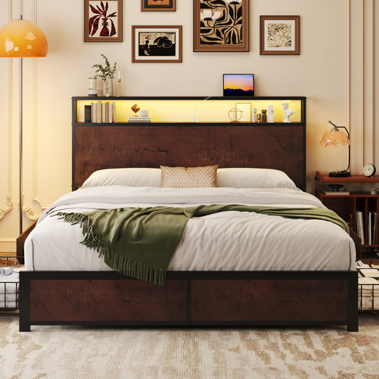 Metal Platform Bed Frame with 2-Tier Headboard,Queen,USB Port & LED Light, 4 Storage Drawers, No Box Spring Needed, Noise Free, Rustic Brown