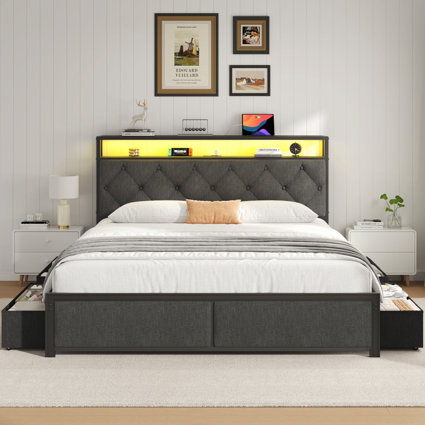 Fluest Queen Bed Frame with Headboard, Storage Drawers, Fast Charging Station, Led Lights, Bed Frame Queen Size with Fabric Drawers, Metal Structure, No Box Spring Needed, Easy Assembly