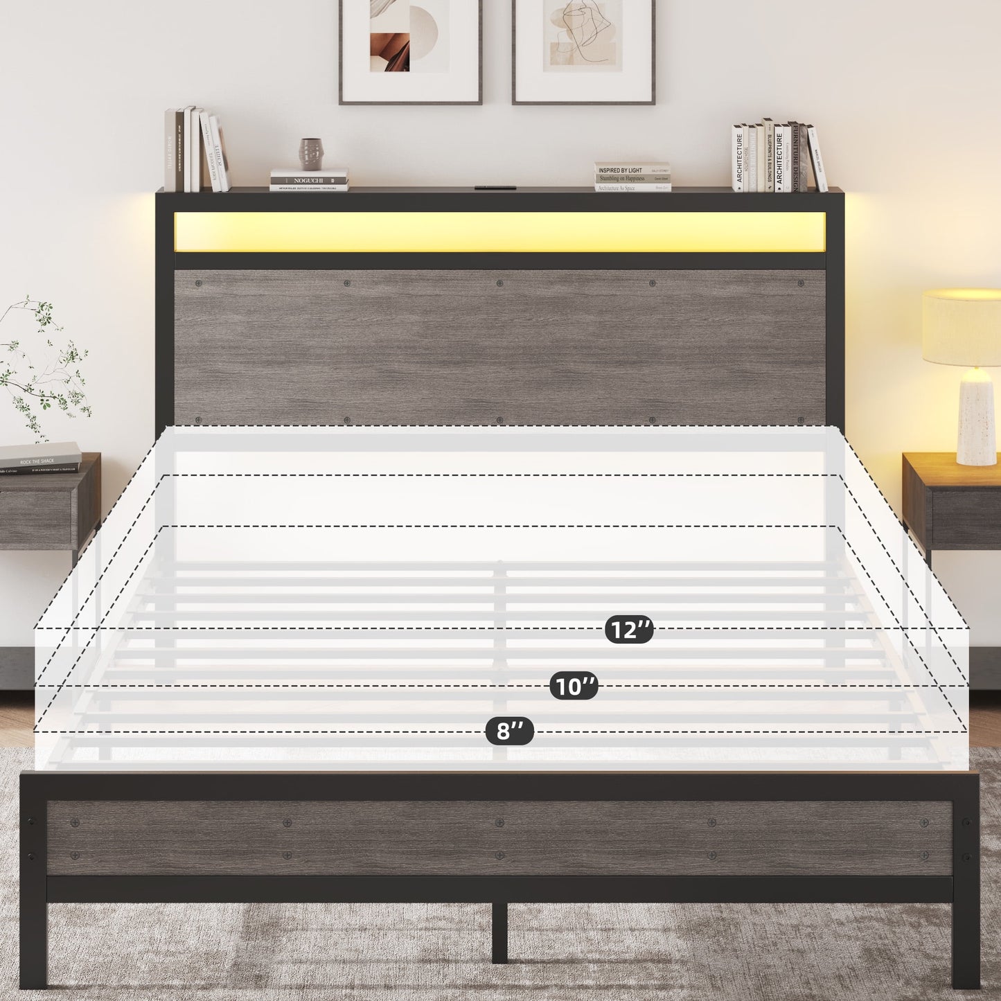 Fluest Queen Bed Frame with LED Headboard & Charging Station, Noise-Free, No Box Spring Needed, Rustic Grey