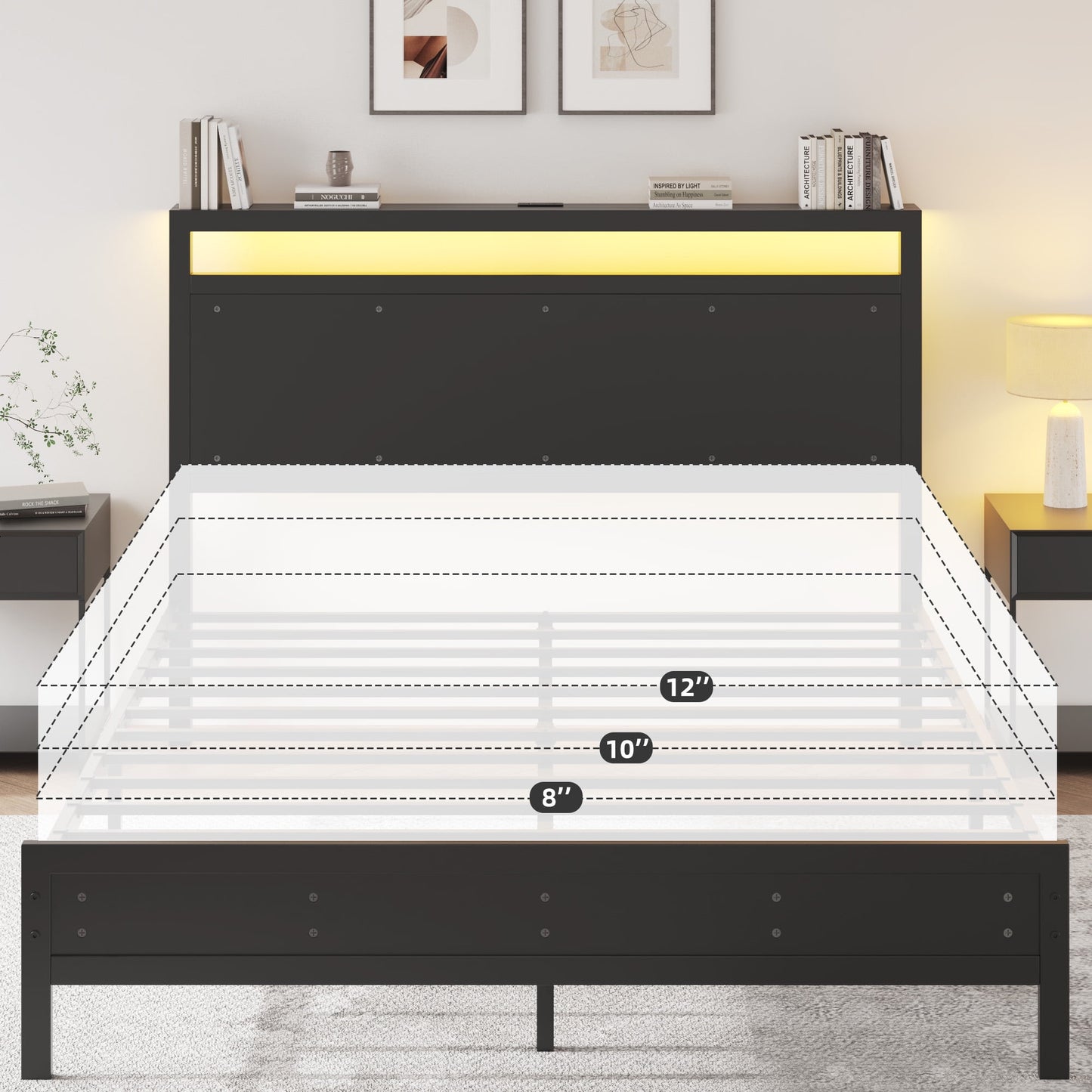 Fluest  Queen Bed Frame with LED Headboard & Charging Station, Noise-Free, No Box Spring Needed, Classic Black