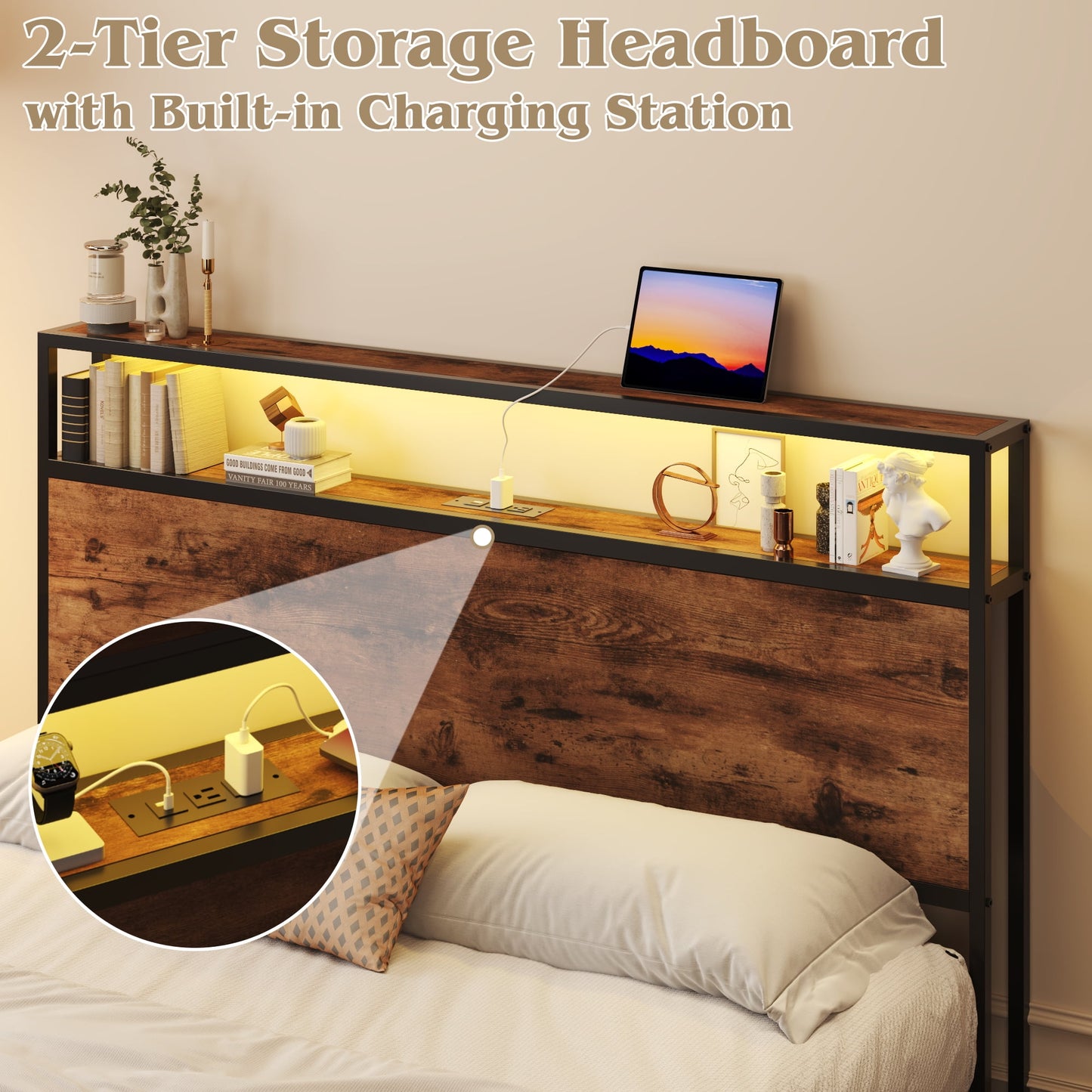Fluest Full Bed Frame with 2-Tier Storage Headboard, USB Port and LED Light, 4 Storage Drawers, Brown