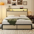 Metal Platform Bed Frame with 2-Tier Headboard,Queen,USB Port & LED Light, 4 Storage Drawers, No Box Spring Needed, Noise Free, Begie