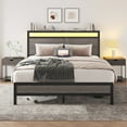 Queen Storage Bed Frame with LED Headboard & Built-In Charging, Noise-Free, No Box Spring Needed, Rustic Grey