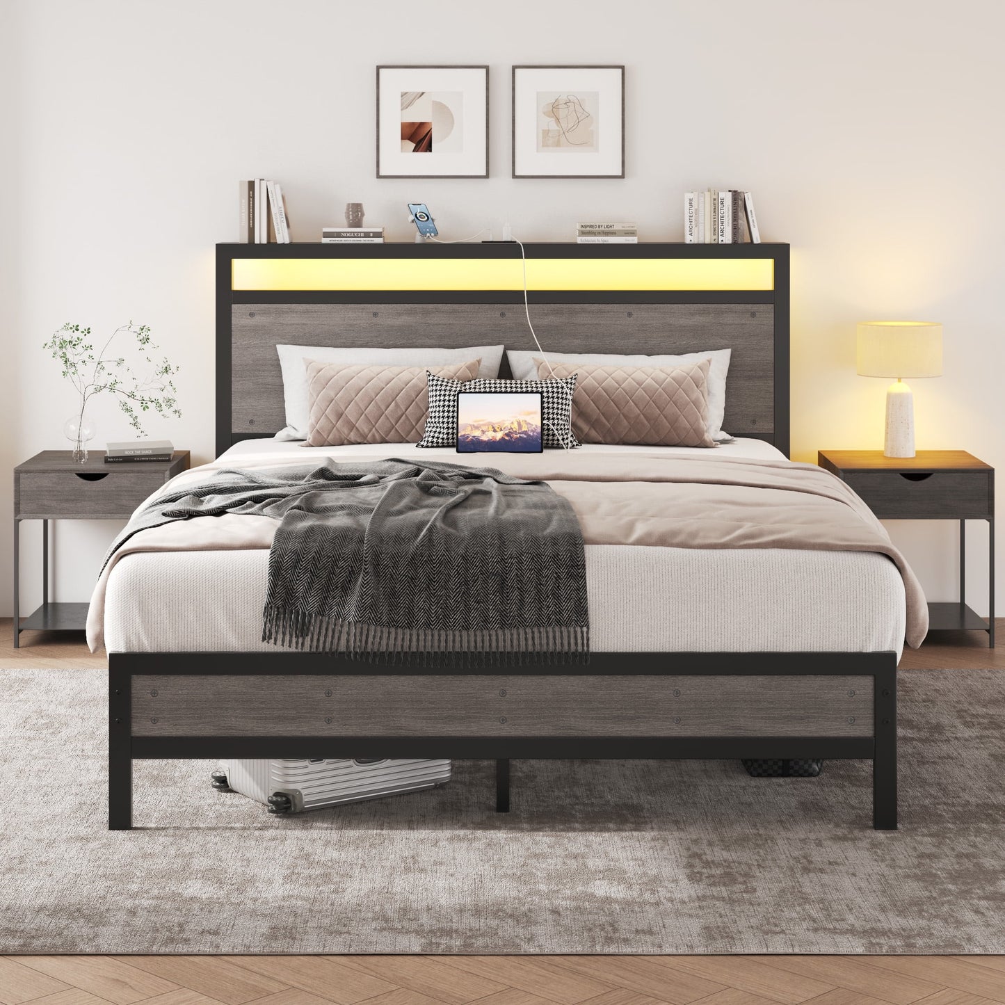 Fluest Queen Bed Frame with LED Headboard & Charging Station, Noise-Free, No Box Spring Needed, Rustic Grey