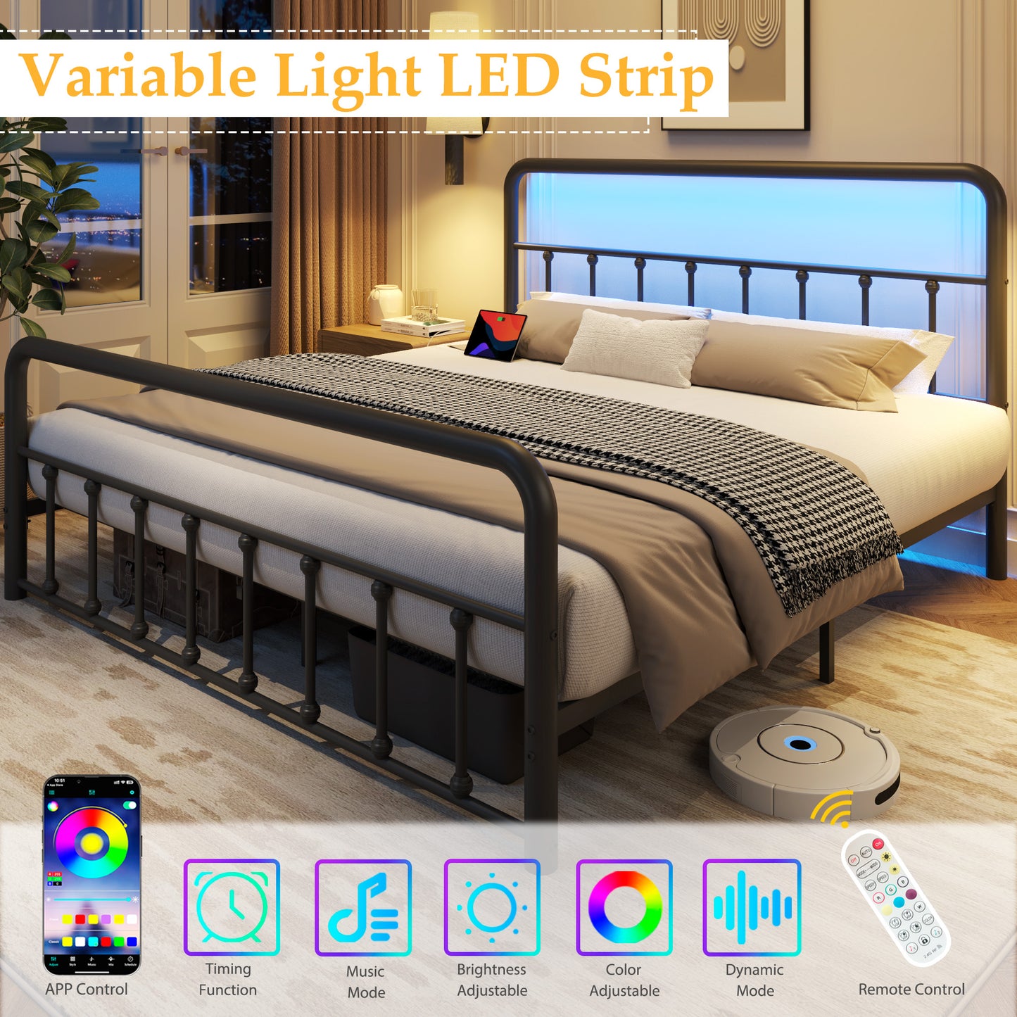 Fluest Queen Bed Frame with Headboard, Charging Station & LED Lights, Metal Platform Bed with Steel Slat Support, No Box Spring Needed, Under Bed Storage, Noise Free, Easy Assembly, Black