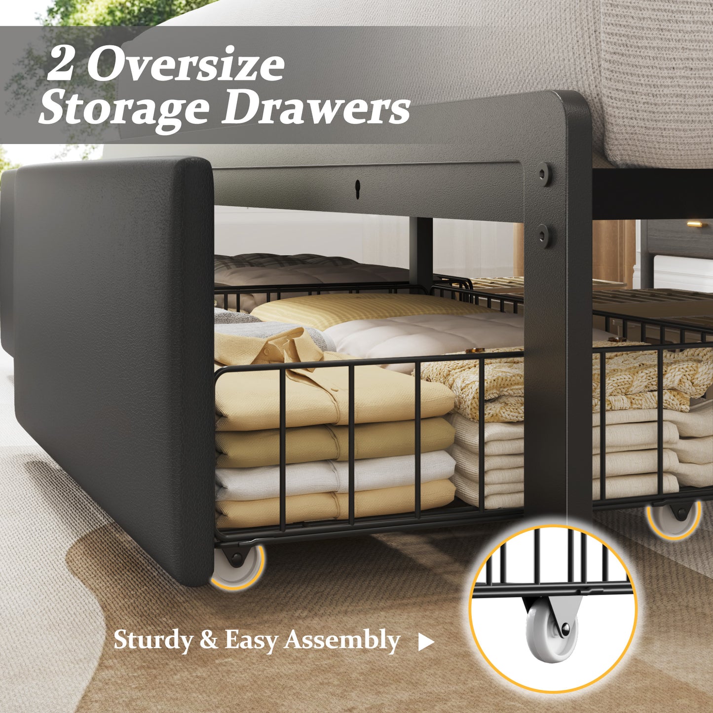 Fluest Bed Frame with Leather Upholstered Headboard, Lockable Storage, Queen Size, Black