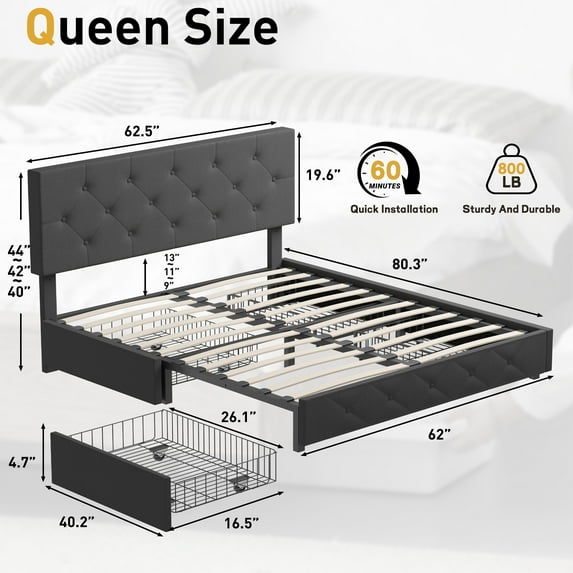 Bed Frame with Linen Upholstered Headboard, Platform Bed Frame, Queen, 4 Storage Drawers, Grey