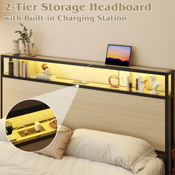 Metal Platform Bed Frame with 2-Tier Headboard,Queen,USB Port & LED Light, 4 Storage Drawers, No Box Spring Needed, Noise Free, Begie