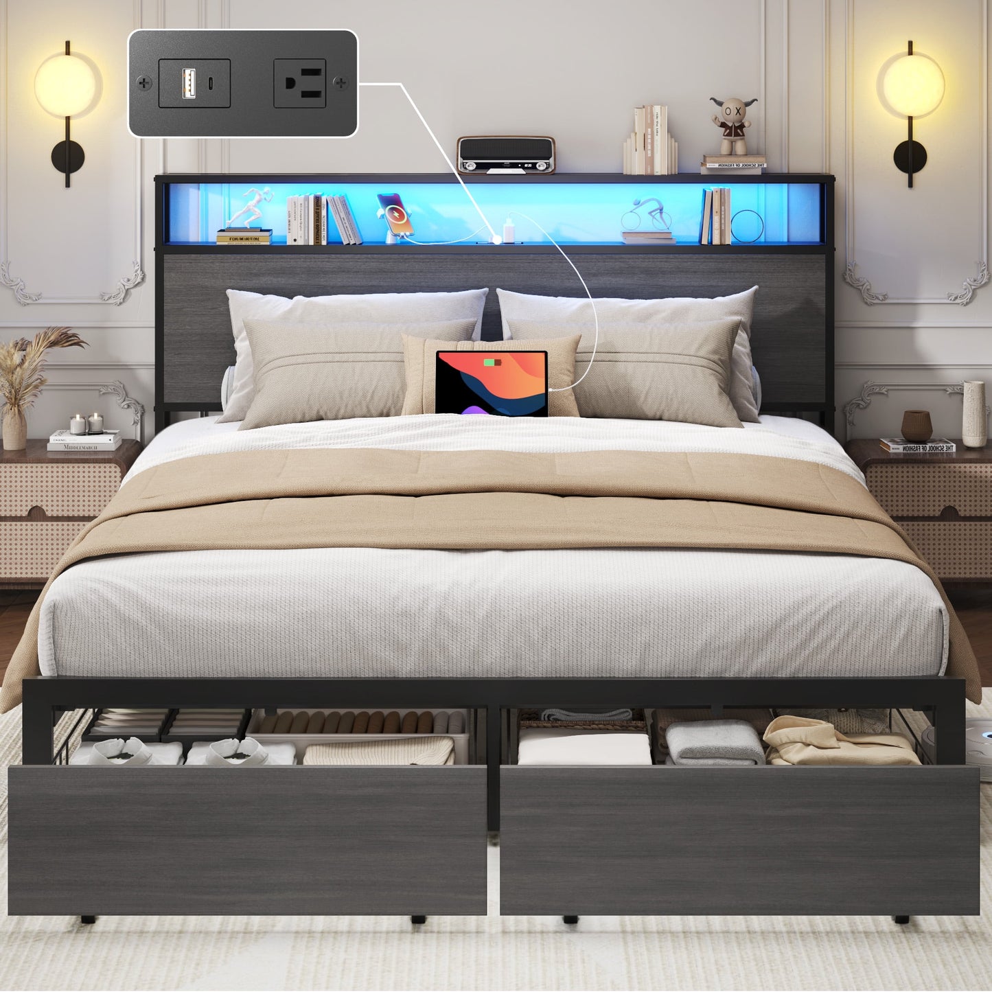 Fluest Queen Bed Frame with 2-Tier Storage Headboard, Metal Bed Frame with Storage Drawers & Built-in Charging Station & LED, Noise-Free, No Box Spring Needed, Easy Assembly, Rustic Grey