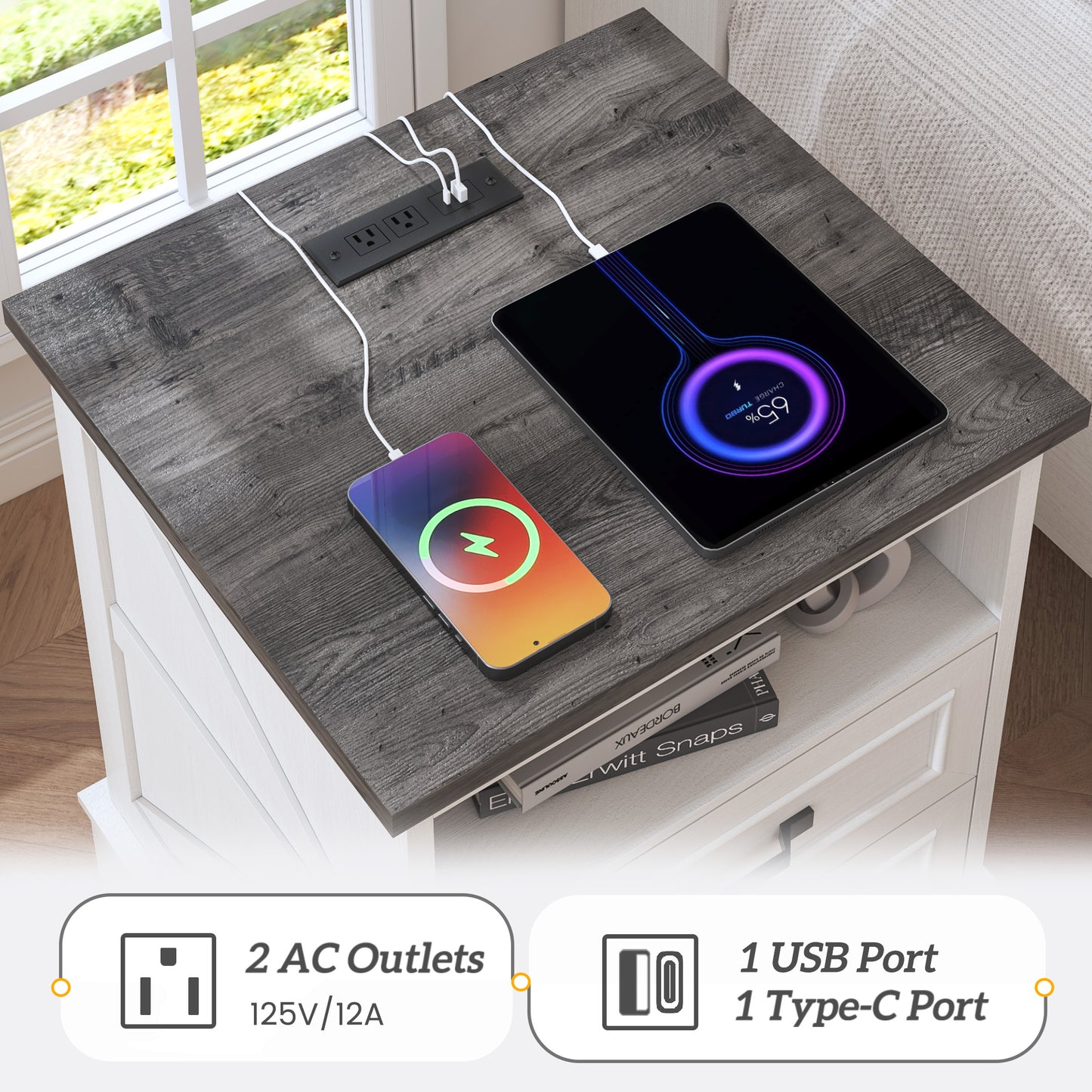 Fluest 24” Tall Farmhouse Nightstands, Night Stands with Charging Station, Beside Tables with Drawers and Open Storage, Rustic End Tables for Bedroom, Antique White/Black