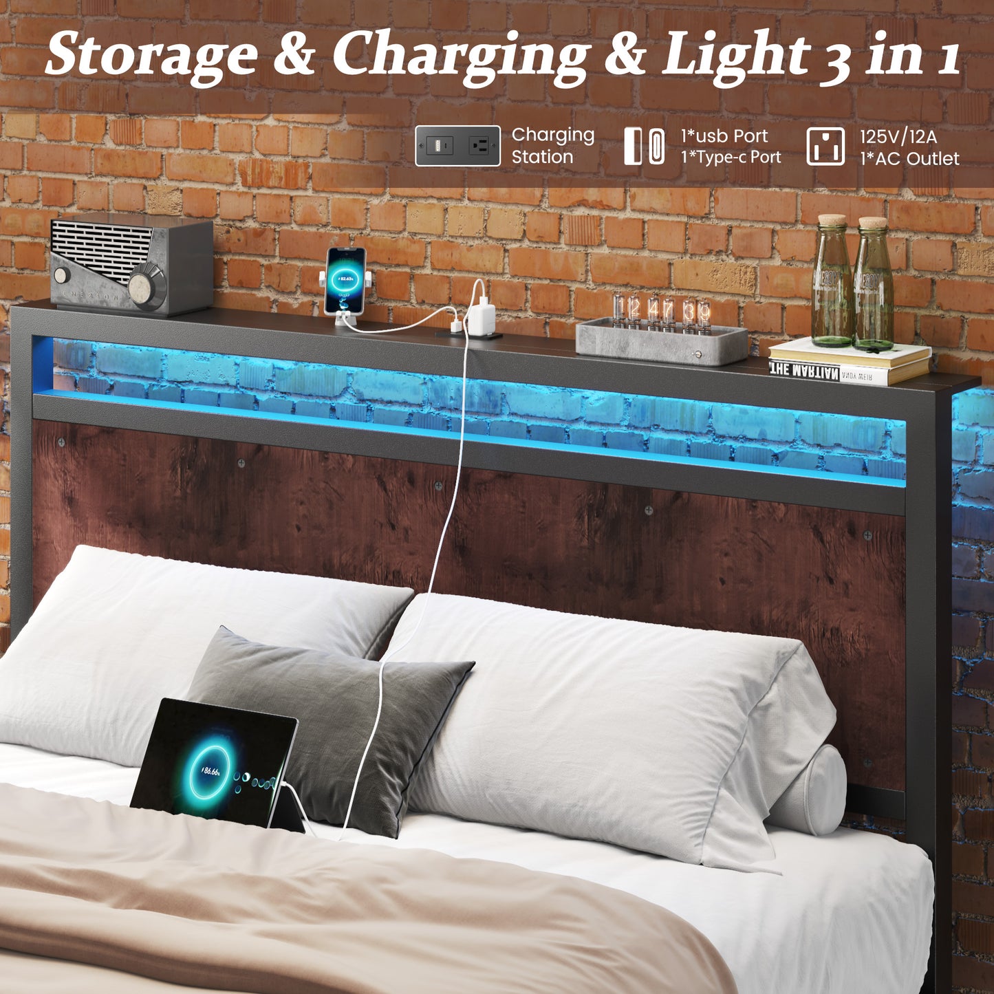 Fluest Iron Wood Bed Frame, USB Port, LED Headboard, Noise-Free,Queen, Rustic Brown