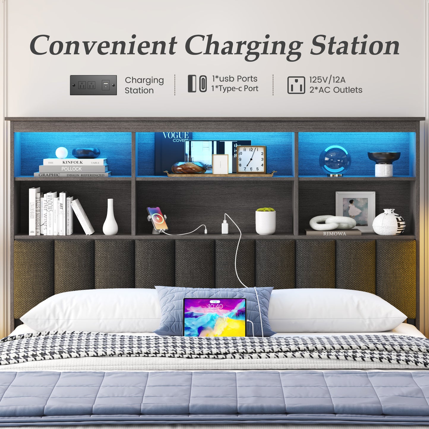 Fluest Queen/Full Bed Frame with Headboard, Metal Platform Queen Bed Frame with High Bookcase Headboard, 4 Storage Drawers & Charging Station & LED, Noise-Free, NO Box Spring Needed,Rustic Grey/Vintage Brown