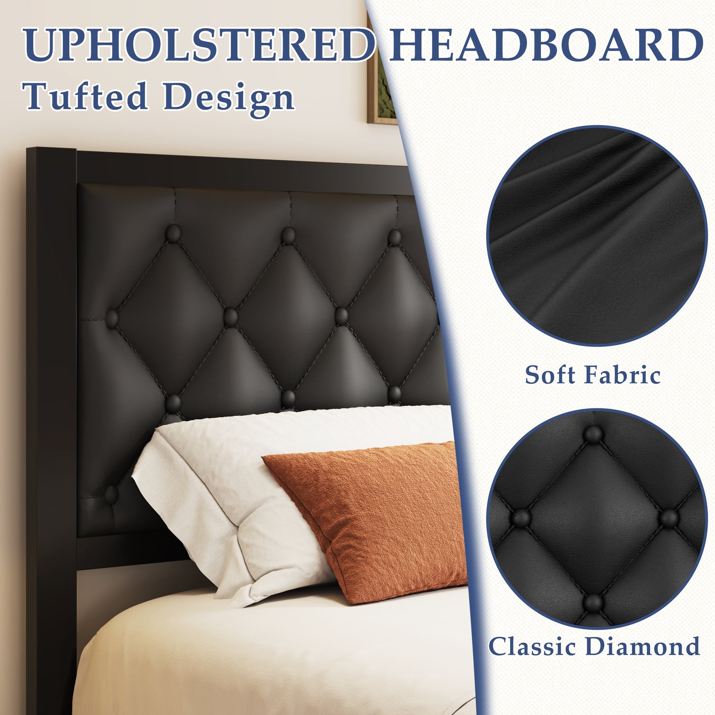 Bed Frame with Headboard PU Leather Upholstered, All Metal Slats Support Platform, Queen, Black