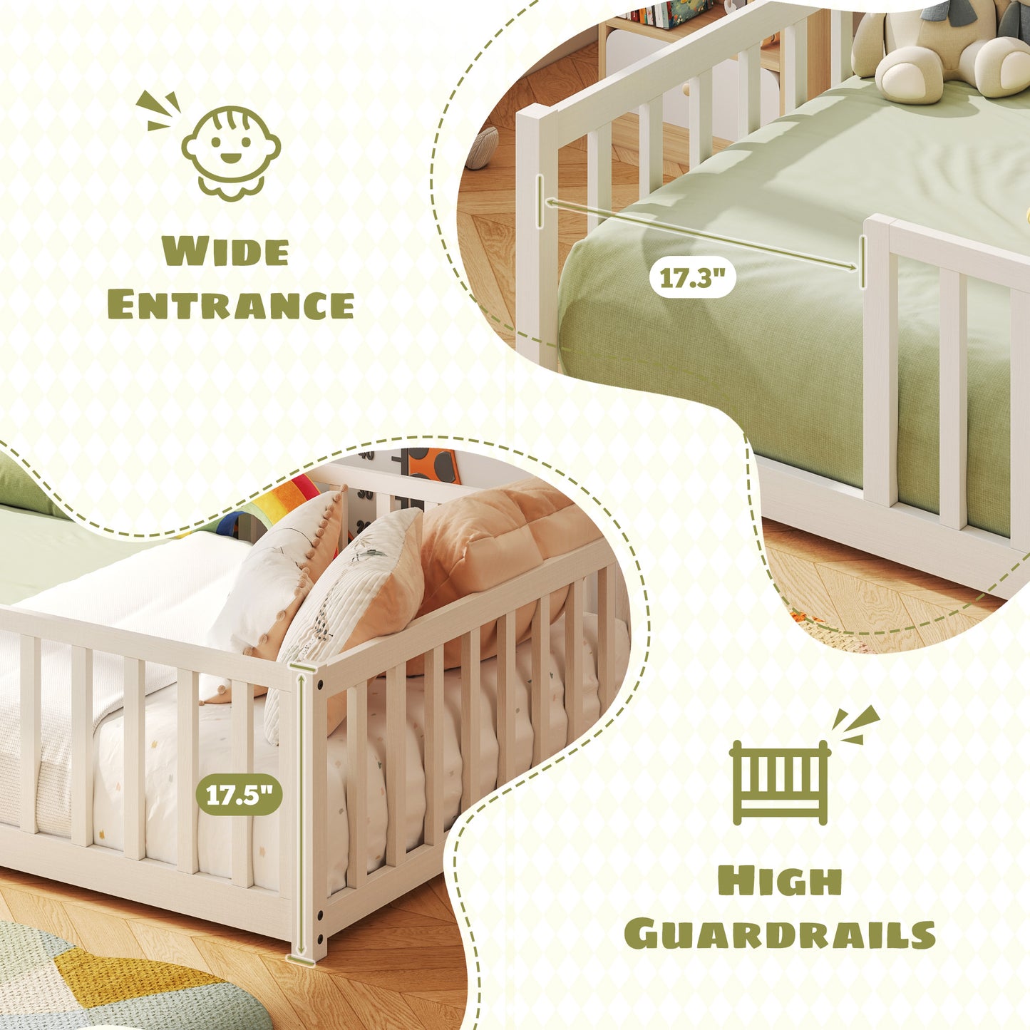 Fluest Toddler Floor Bed with Wood Slats, Twin Size Montessori Bed Frame for Girls and Boys, Toddler Bed with high Safety Guardrails, No Box Spring Needed