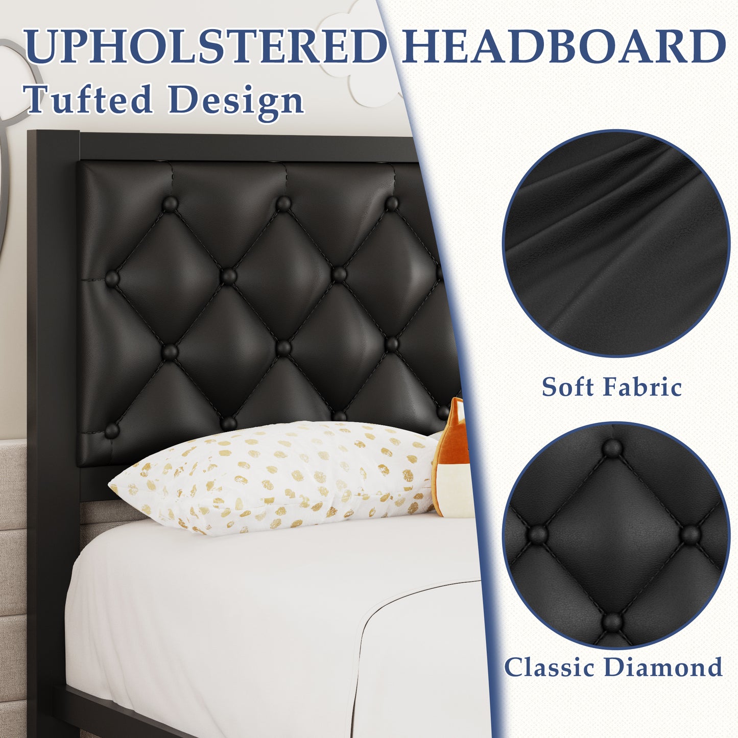 Bed Frame with Headboard PU Leather Upholstered, All Metal Slats Support Platform, Twin, Black