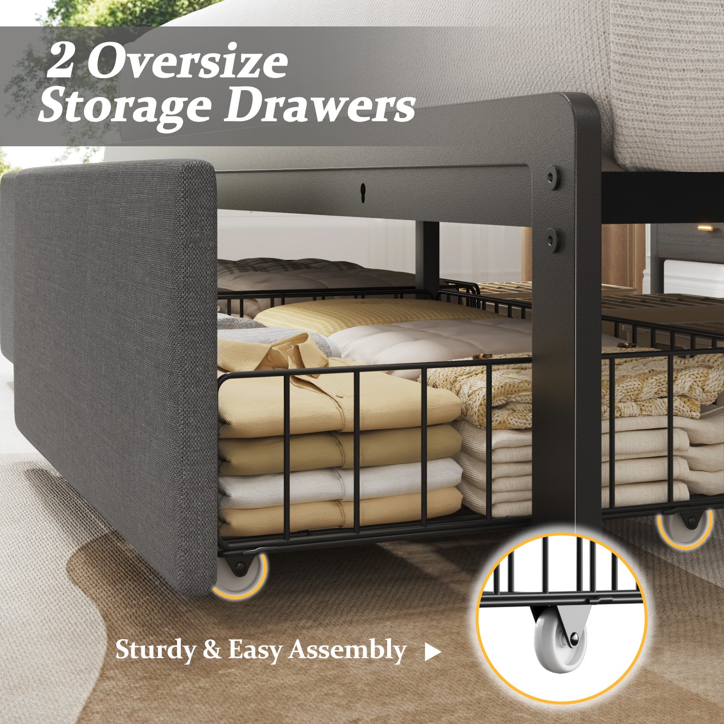 Fluest Bed Frame with Linen Upholstered Headboard, Lockable Storage, Queen Size, Gray