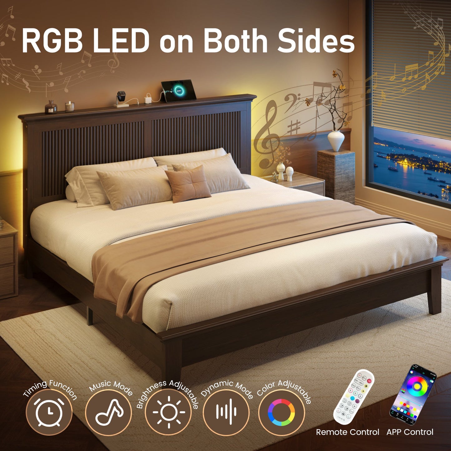 Solid Wood High Headboard and Charging Station Solid Wood Bed Frame, Queen