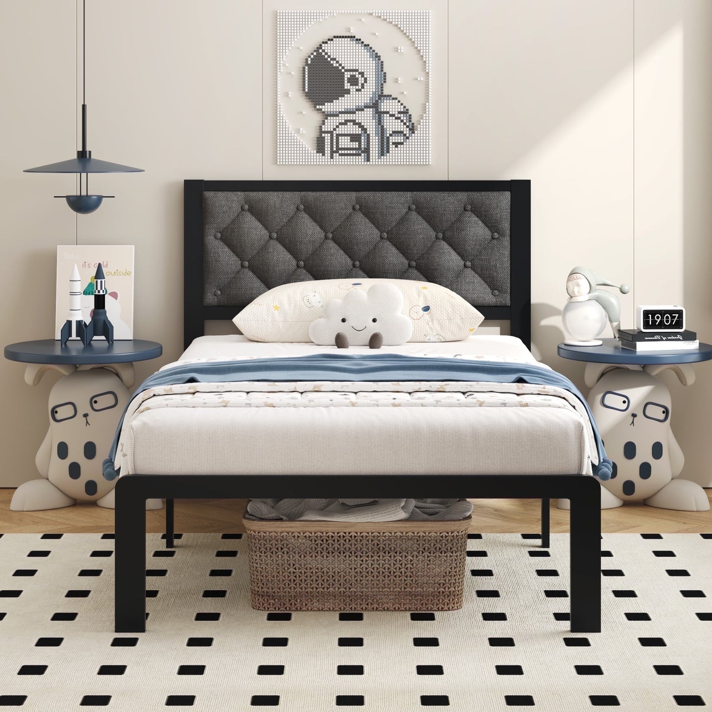 Fluest Bed Frame with Headboard Linen Upholstered, All Metal Slats Support Platform, Twin, Grey