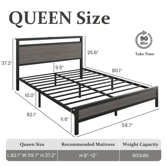 Queen Storage Bed Frame with LED Headboard & Built-In Charging, Noise-Free, No Box Spring Needed, Rustic Grey
