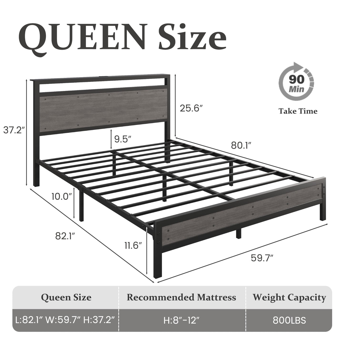 Fluest Queen Bed Frame with LED Headboard & Charging Station, Noise-Free, No Box Spring Needed, Rustic Grey