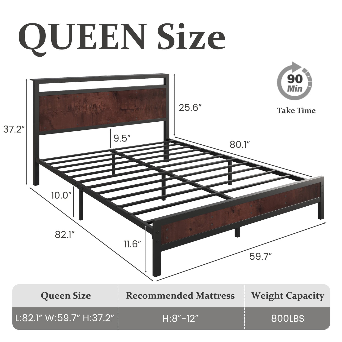 Fluest Iron Wood Bed Frame, USB Port, LED Headboard, Noise-Free,Queen, Rustic Brown