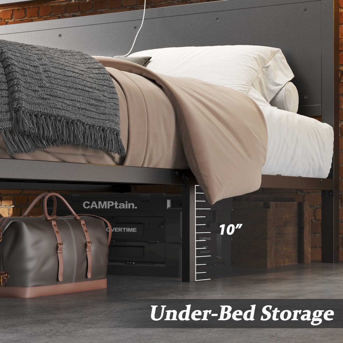 Fluest Iron Bed Frame, USB Port, LED Headboard, Noise-Free,Queen, Black