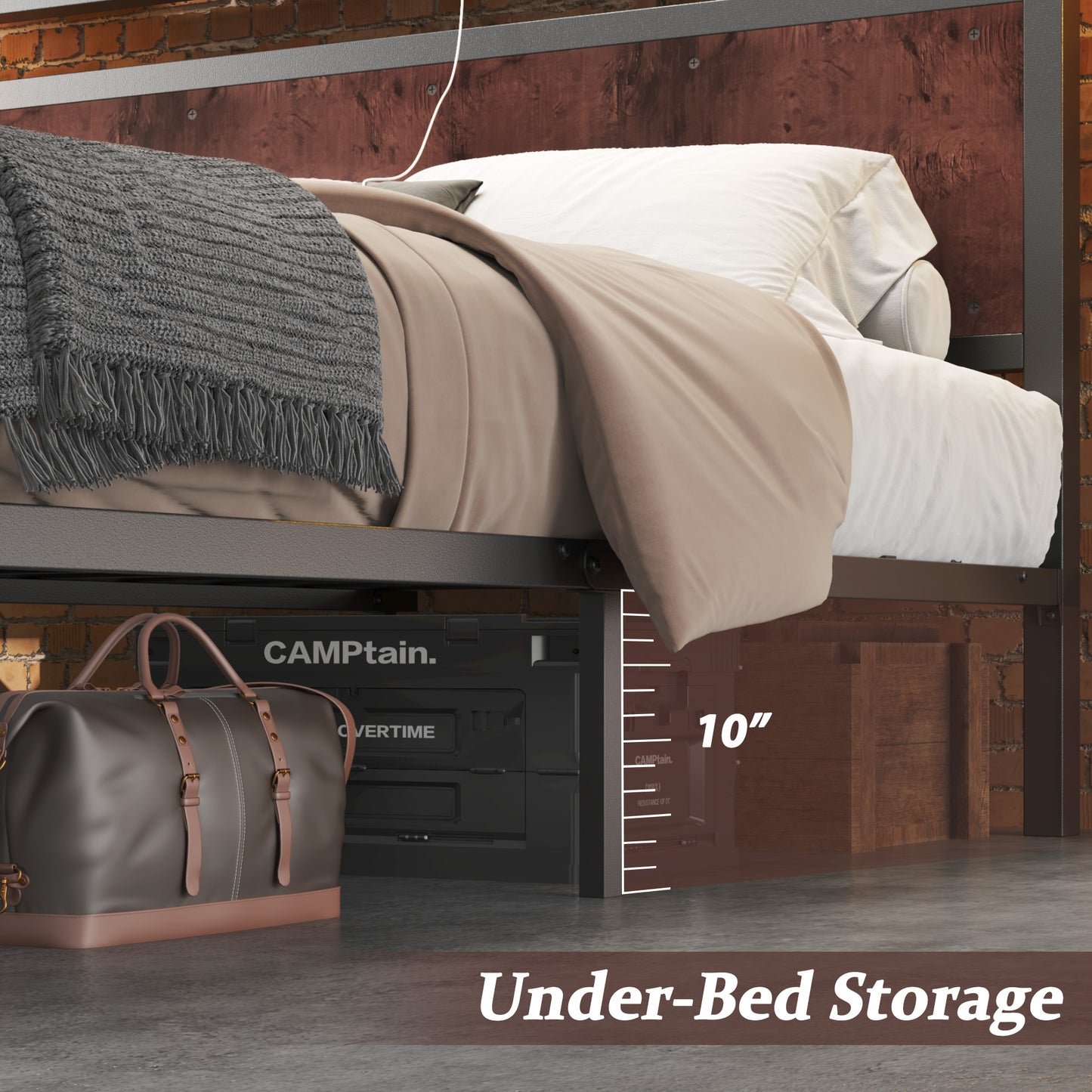 Fluest Iron Wood Bed Frame, USB Port, LED Headboard, Noise-Free,Queen, Rustic Brown