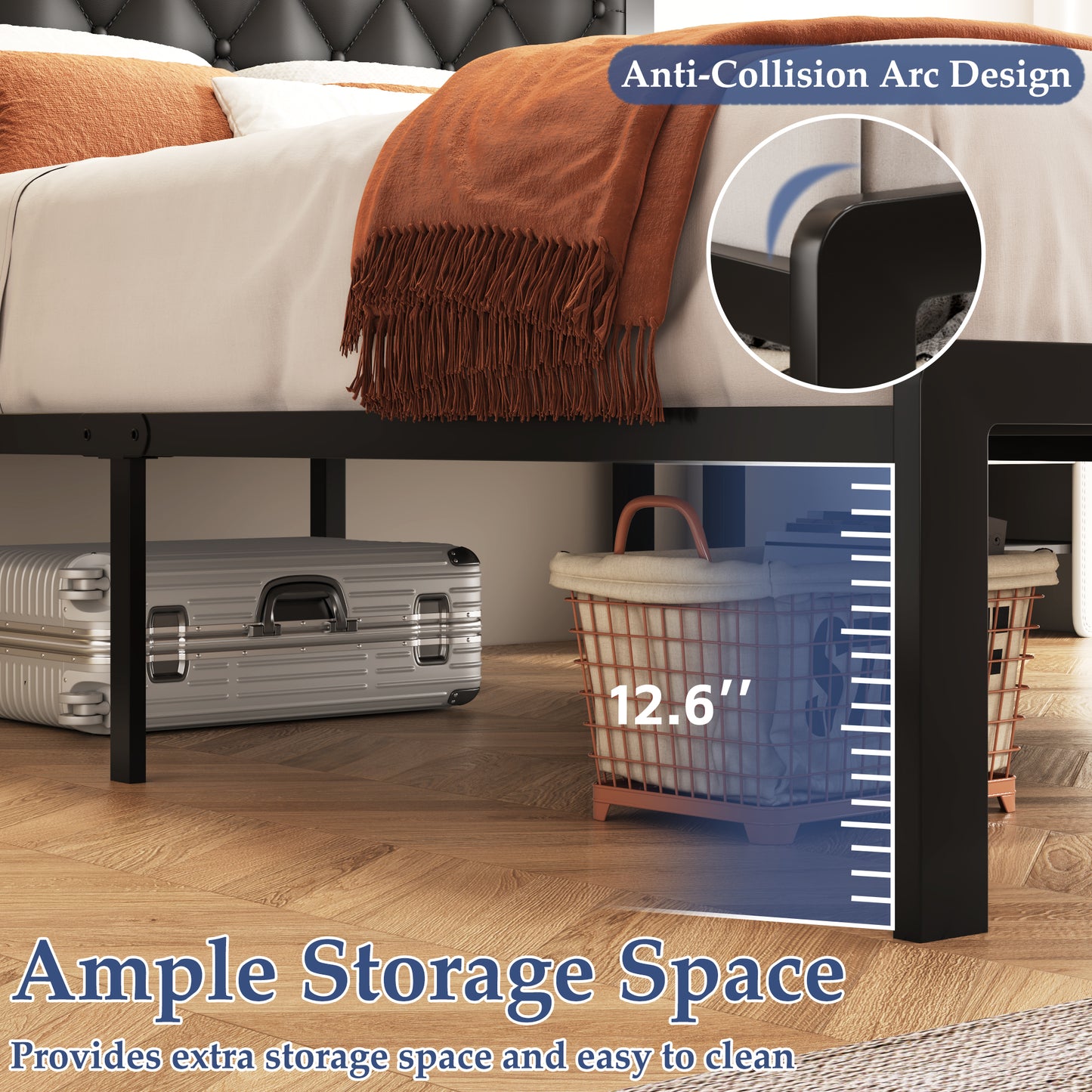 Bed Frame with Headboard PU Leather Upholstered, All Metal Slats Support Platform, Queen, Black