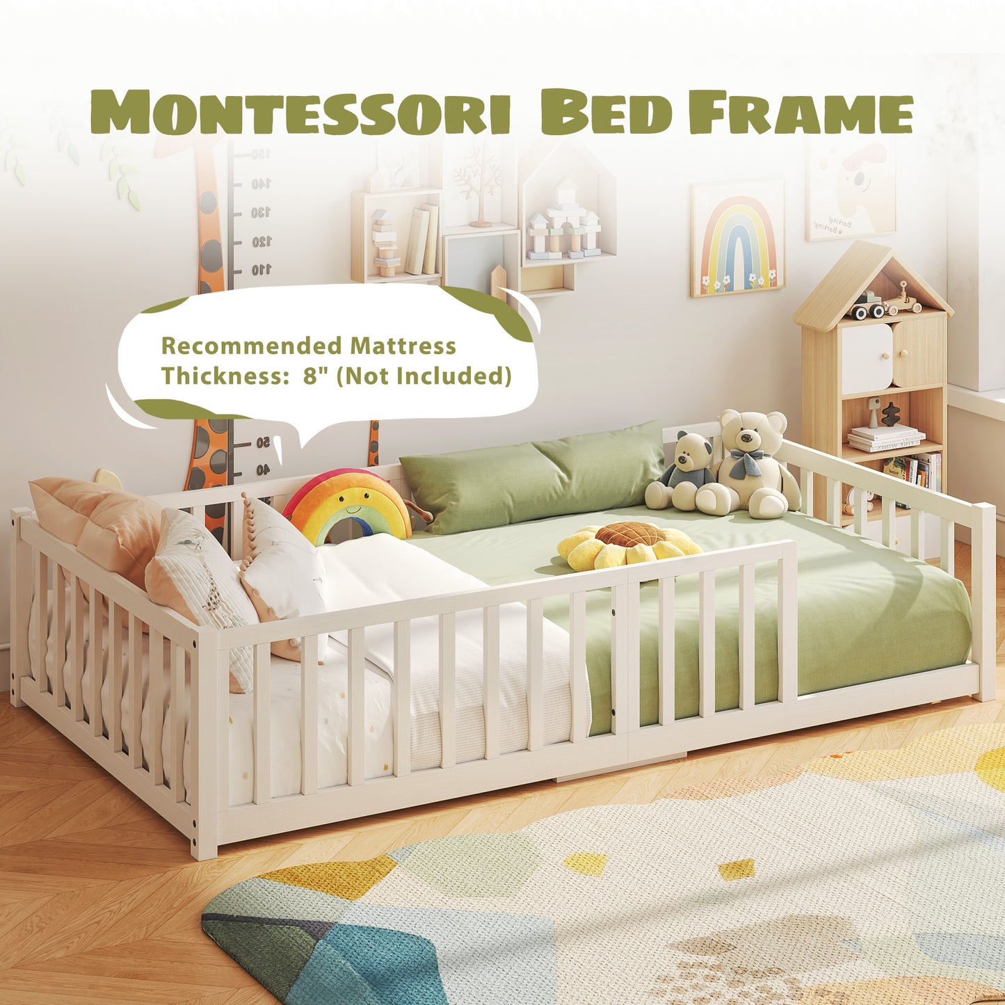 Fluest Toddler Floor Bed with Wood Slats, Twin Size Montessori Bed Frame for Girls and Boys, Toddler Bed with high Safety Guardrails, No Box Spring Needed