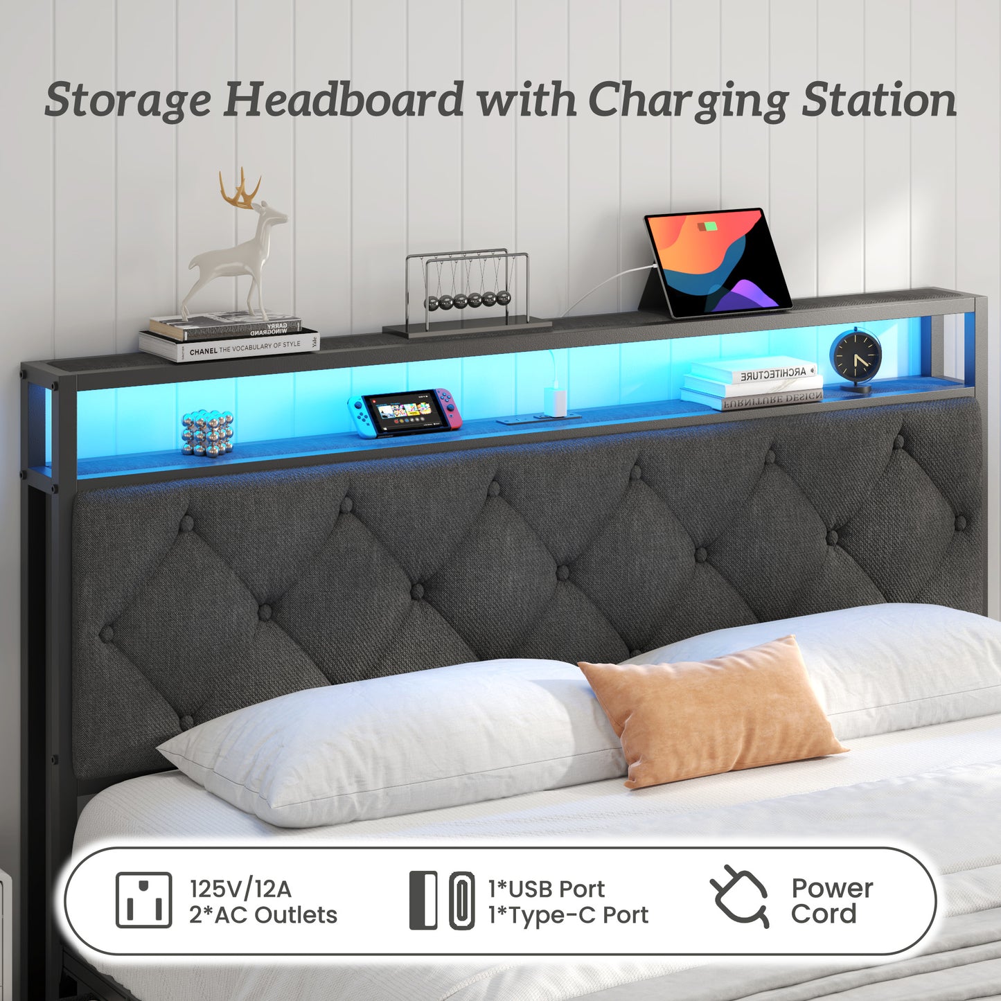 Fluest Queen Bed Frame with Headboard, Storage Drawers, Fast Charging Station, Led Lights, Bed Frame Queen Size with Fabric Drawers, Metal Structure, No Box Spring Needed, Easy Assembly