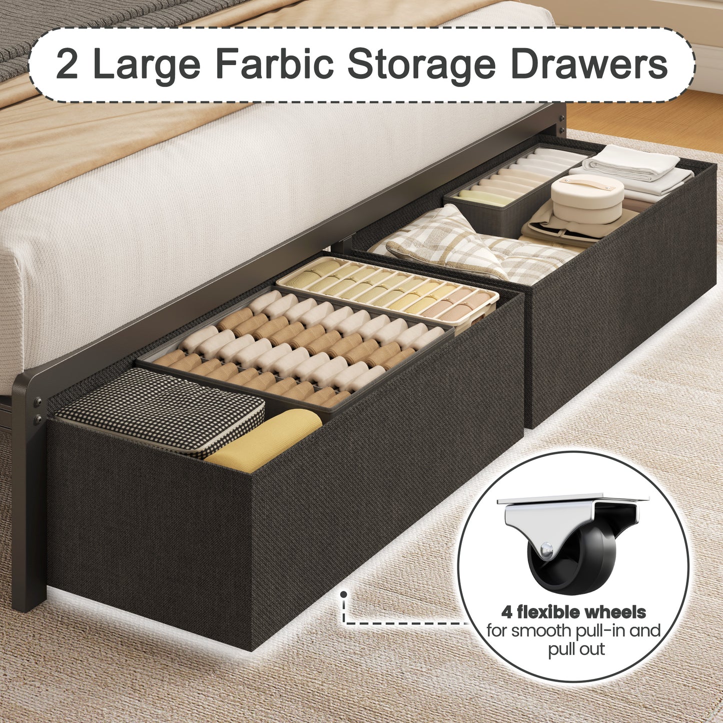 Fluest Queen Bed Frame wit Storage Drawers, Upholstered Headboard with Charging Station, LED Lights, Fabric Drawers with Wheels, Under Bed Storage, No Box Spring Needed, Easy Assembly, Grey