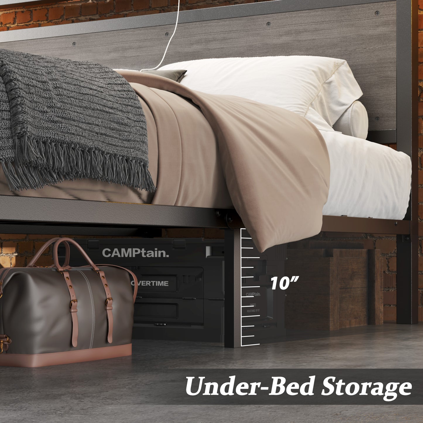 Fluest Iron Wood Bed Frame, USB Port, LED Headboard, Noise-Free,Queen, Grey