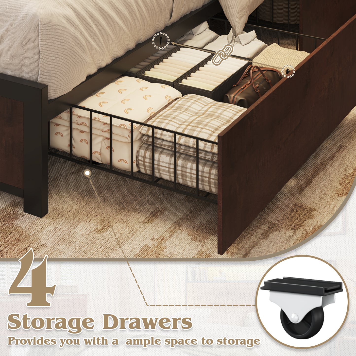 Metal Platform Bed Frame with 2-Tier Headboard,Queen,USB Port & LED Light, 4 Storage Drawers, No Box Spring Needed, Noise Free, Rustic Brown