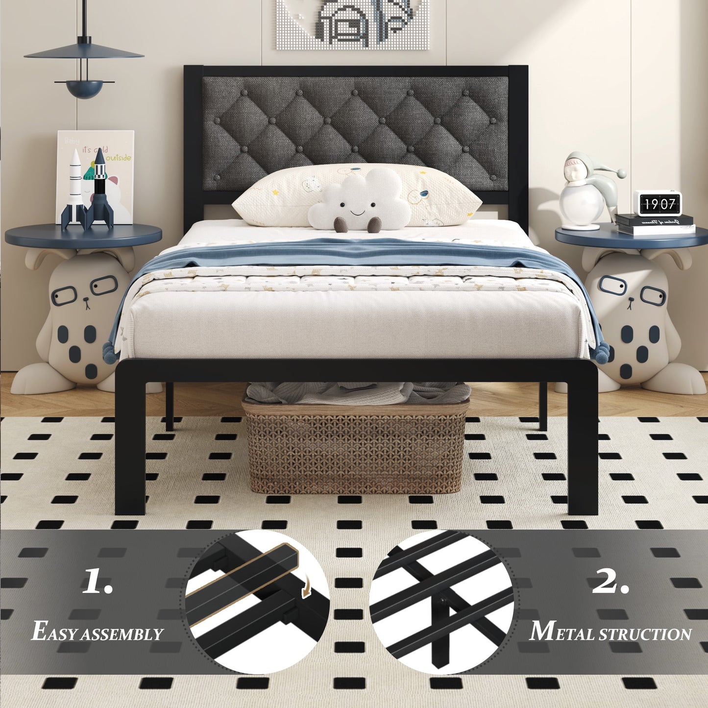 Fluest Bed Frame with Headboard Linen Upholstered, All Metal Slats Support Platform, Twin, Grey