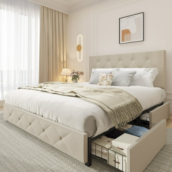 Bed Frame with Linen Upholstered Headboard, Platform Bed Frame, Queen, 4 Storage Drawers, Begie