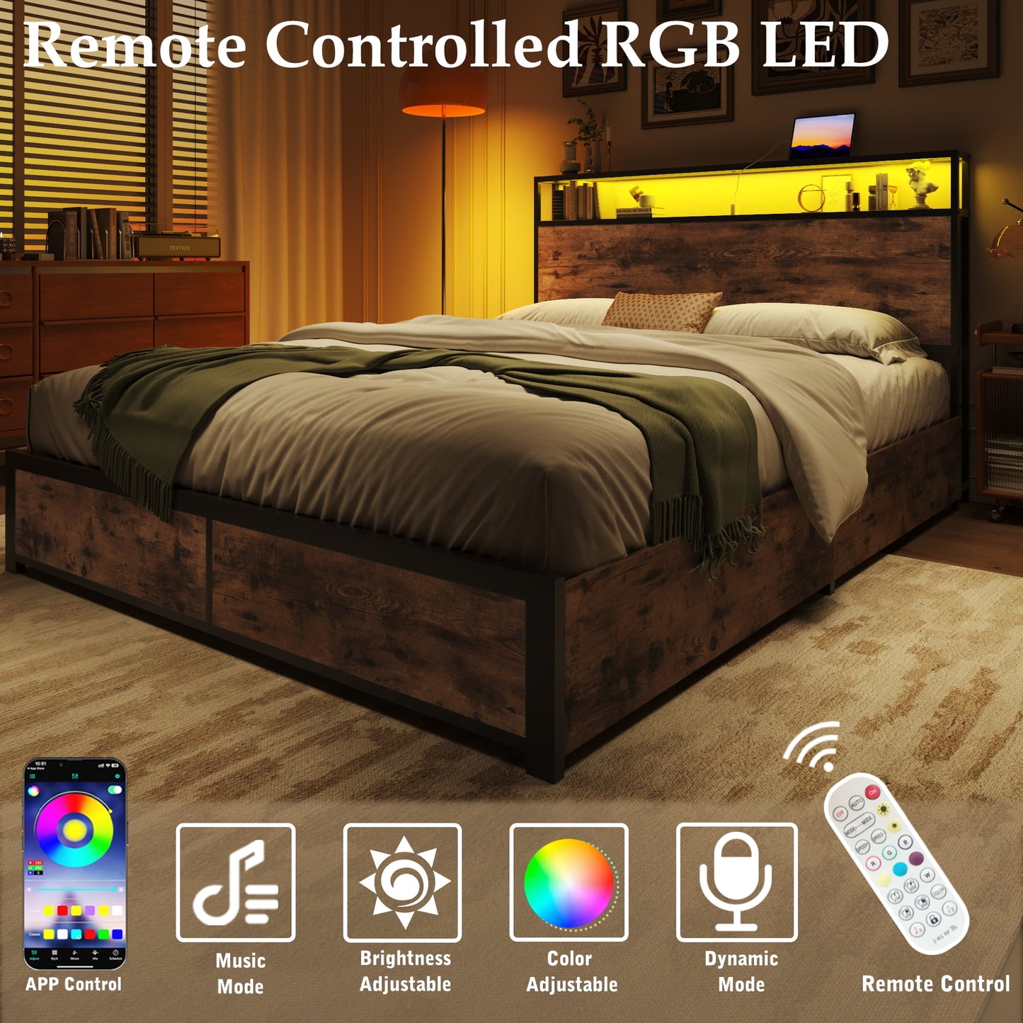 Fluest Full Bed Frame with 2-Tier Storage Headboard, USB Port and LED Light, 4 Storage Drawers, Brown