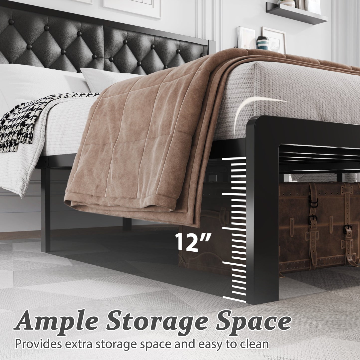 Fluest Bed Frame with Headboard PU Leather Upholstered, All Metal Slats Support Platform, Queen, Black