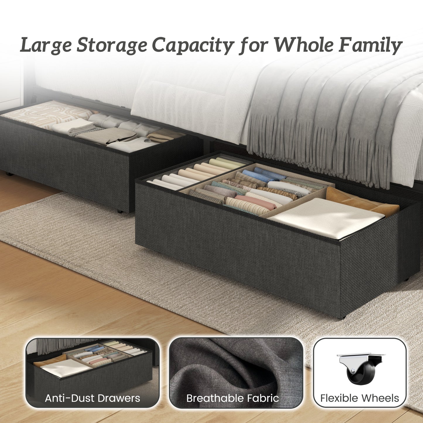 Fluest Queen Bed Frame with Headboard, Storage Drawers, Fast Charging Station, Led Lights, Bed Frame Queen Size with Fabric Drawers, Metal Structure, No Box Spring Needed, Easy Assembly