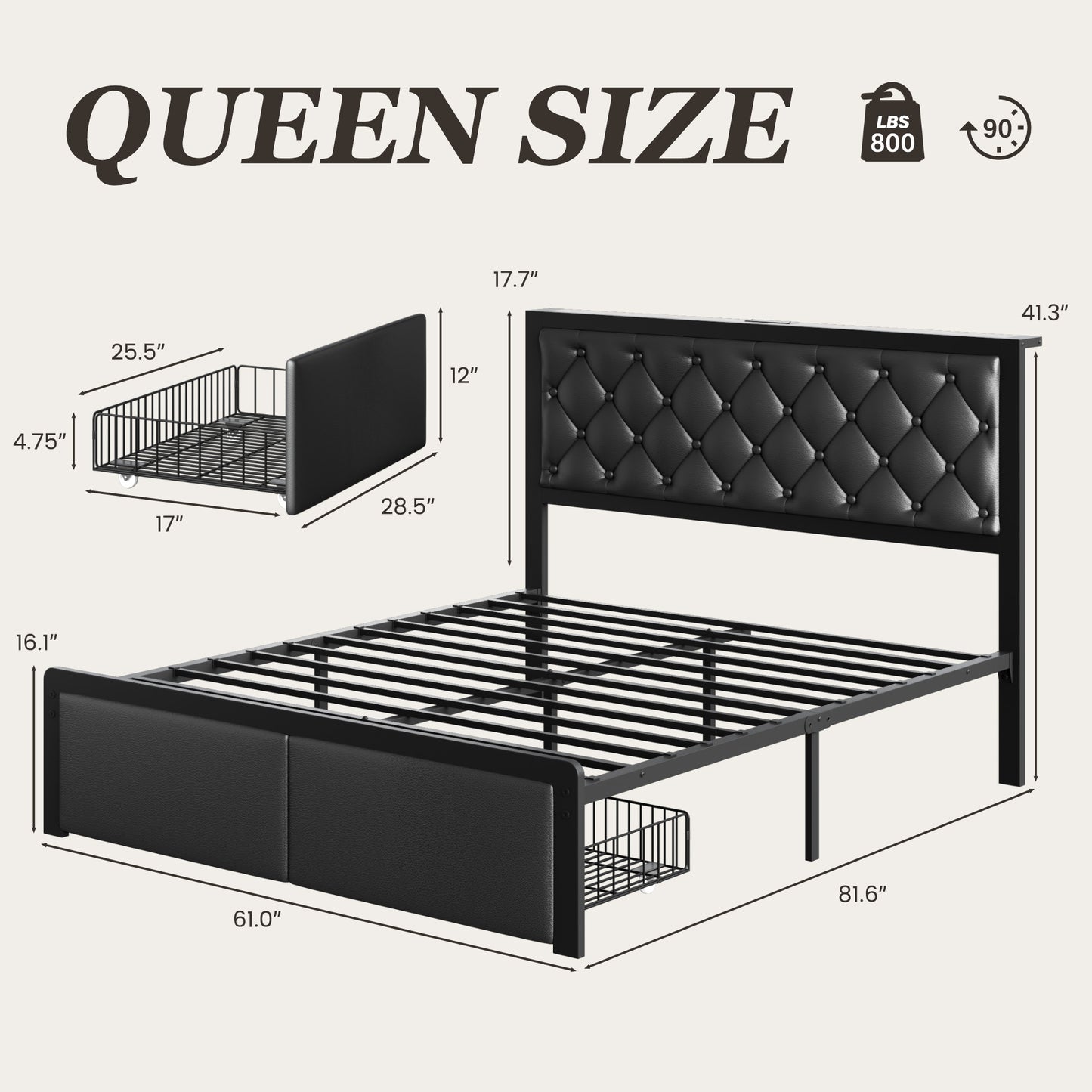 Queen Bed Frame with 2 Storage Drawers, Upholstered Headboard Button Tufted Bed Frame with Charging Station, No Box Spring Needed, Noise-Free, All Metal Structure, Black
