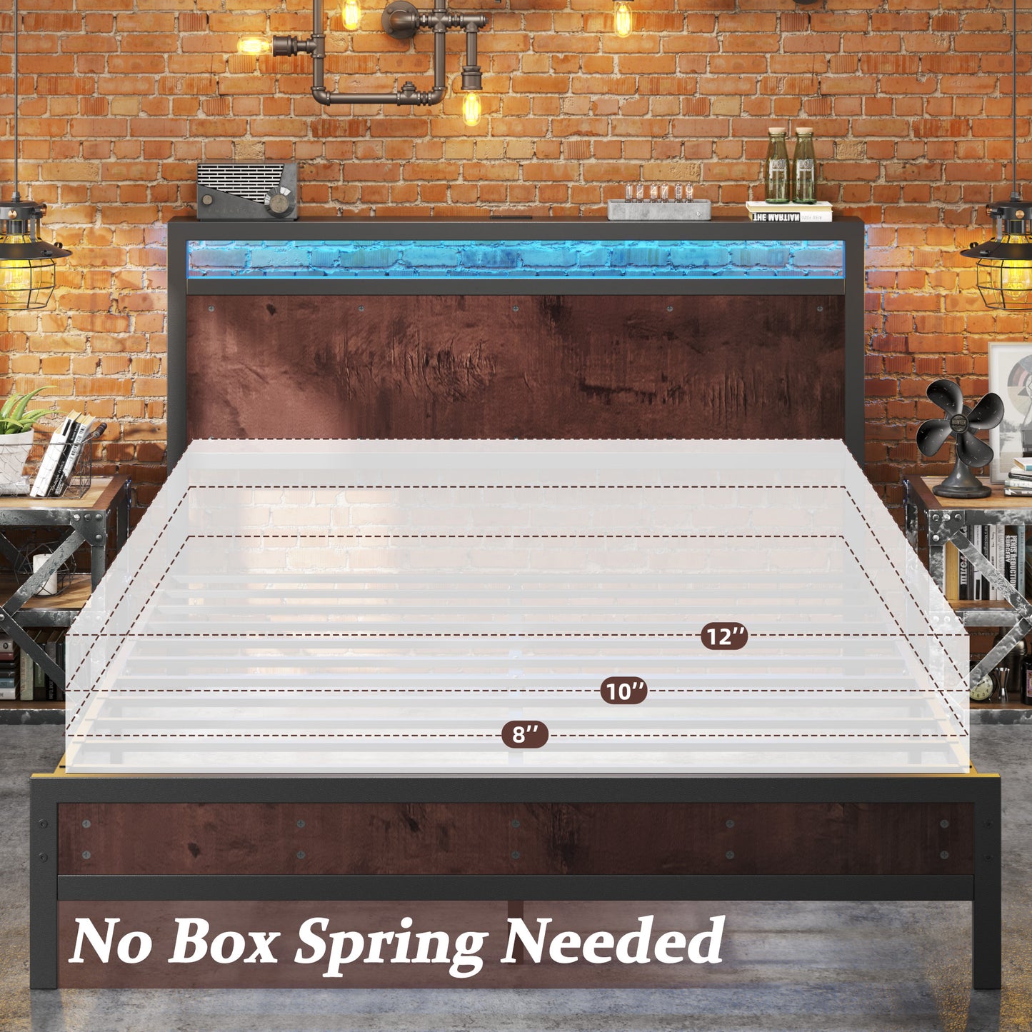 Fluest Iron Wood Bed Frame, USB Port, LED Headboard, Noise-Free,Queen, Rustic Brown