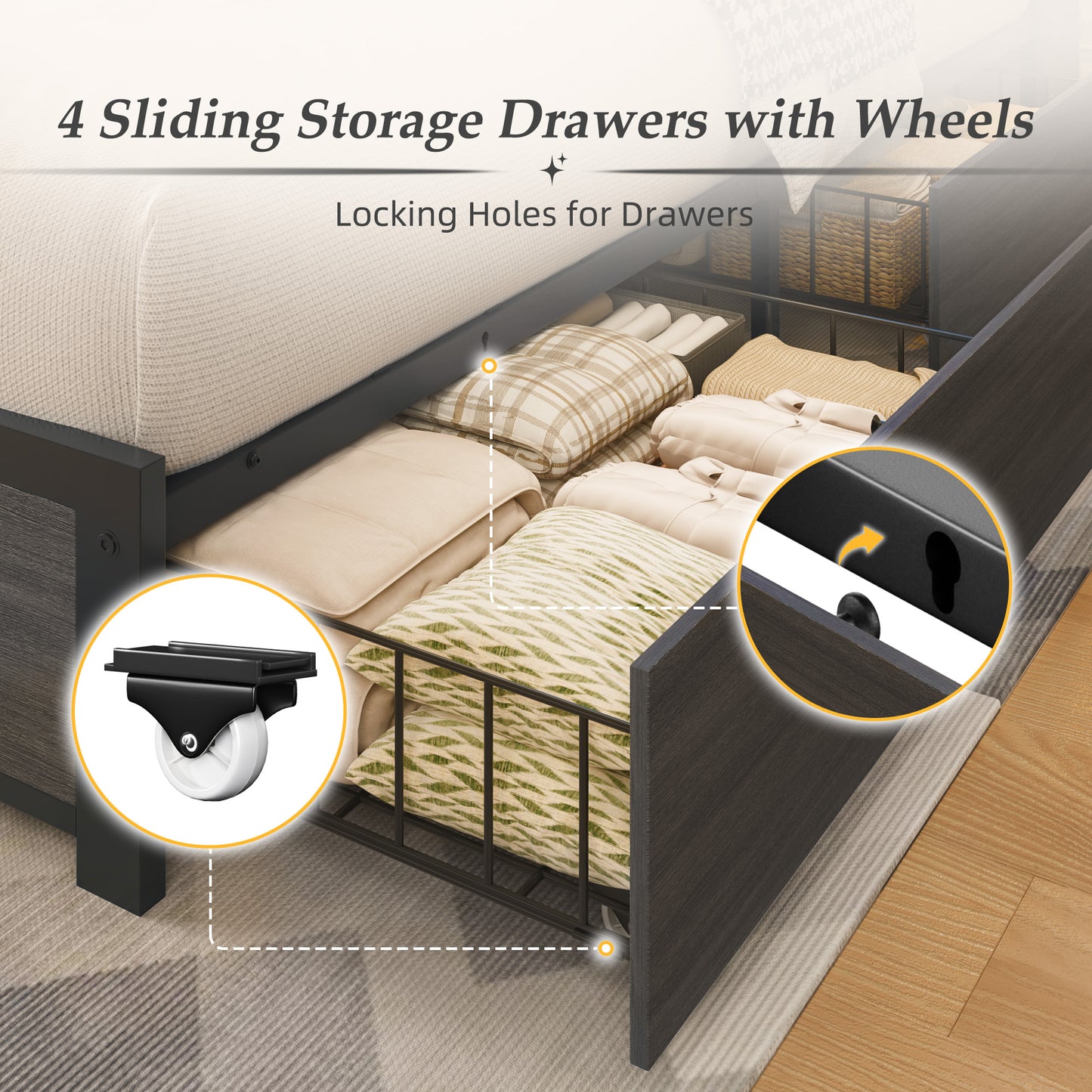 Fluest Queen/Full Bed Frame with Headboard, Metal Platform Queen Bed Frame with High Bookcase Headboard, 4 Storage Drawers & Charging Station & LED, Noise-Free, NO Box Spring Needed,Rustic Grey/Vintage Brown