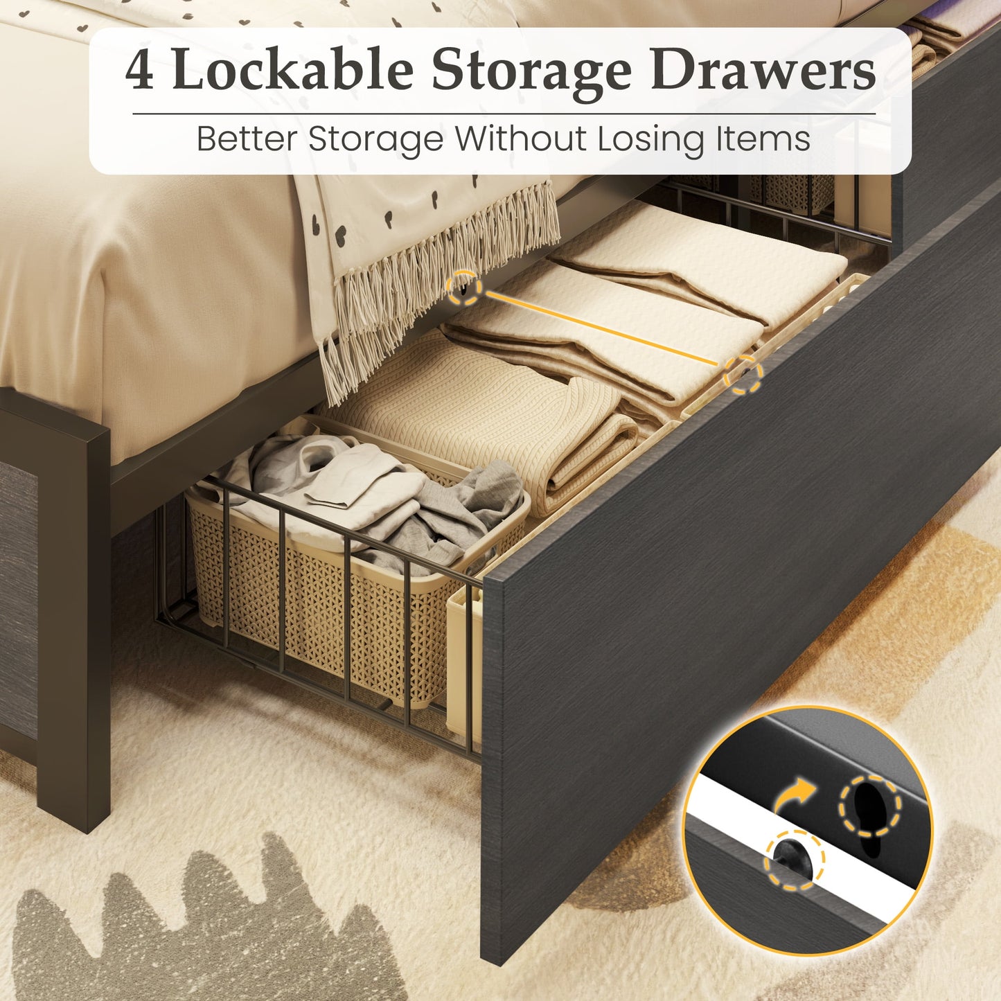 Fluest Twin Bed Frame with 2-Tier Storage Headboard, USB Port and LED Light, 4 Storage Drawers, Gray