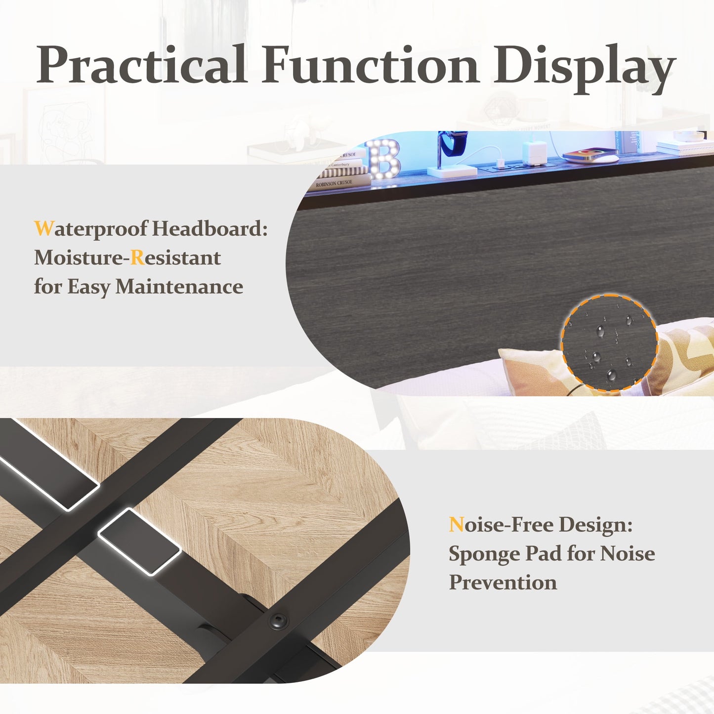 Fluest Twin Bed Frame with 2-Tier Storage Headboard, USB Port and LED Light, 4 Storage Drawers, Gray