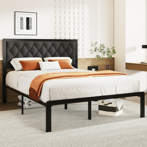 Linen Upholstered Bed Frame with Headboard, All Metal Slats Support, Queen Size